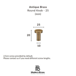 Measurement details of an antique brass round knob with dimensions on a white background, featuring the Modern Brass logo.