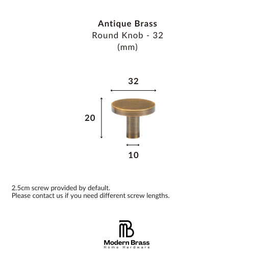 Measurement chart of an antique brass round knob with dimensions on a white background.