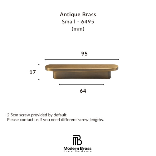 Measurement chart for an antique brass small handle with dimensions and Modern Brass logo.
