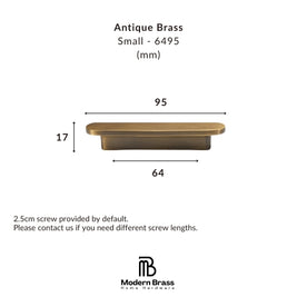 Measurement chart for an antique brass small handle with dimensions and Modern Brass logo.
