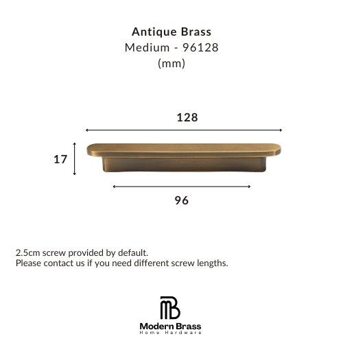 Measurement chart of an antique brass handle with dimensions on a white background, featuring the Modern Brass logo.
