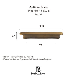 Measurement chart of an antique brass handle with dimensions on a white background, featuring the Modern Brass logo.