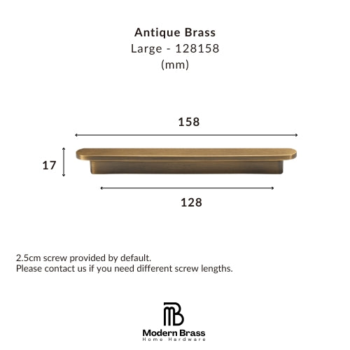 Measurement chart of an antique brass handle with dimensions and Modern Brass logo.
