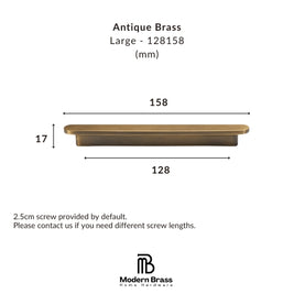 Measurement chart of an antique brass handle with dimensions and Modern Brass logo.