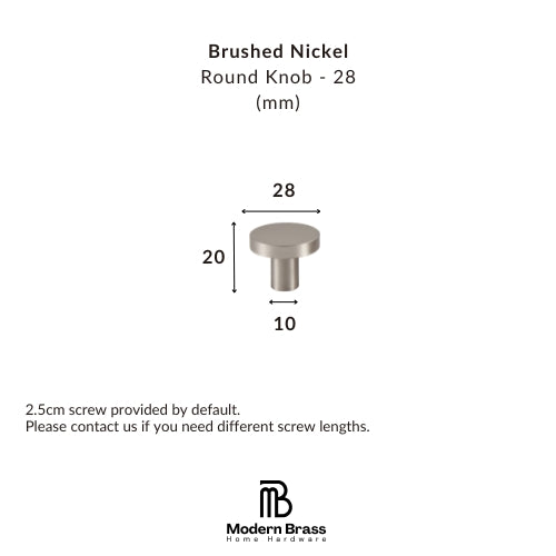 Brushed nickel round knob with dimensions on a white background
