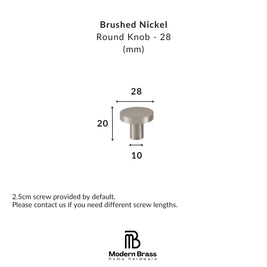 Brushed nickel round knob with dimensions on a white background