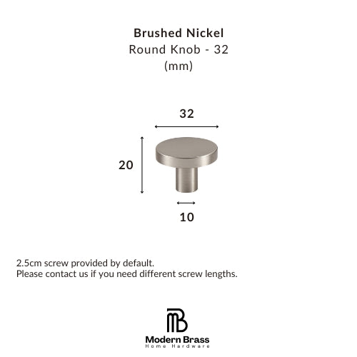 Brushed nickel round knob with dimensions on a white background