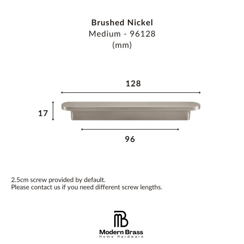 Measurement chart for a brushed nickel light fixture with dimensions and Modern Brass logo.