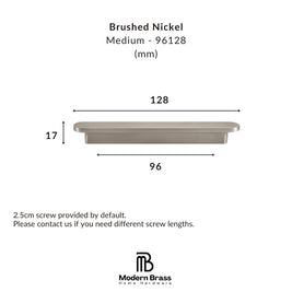 Measurement chart for a brushed nickel light fixture with dimensions and Modern Brass logo.