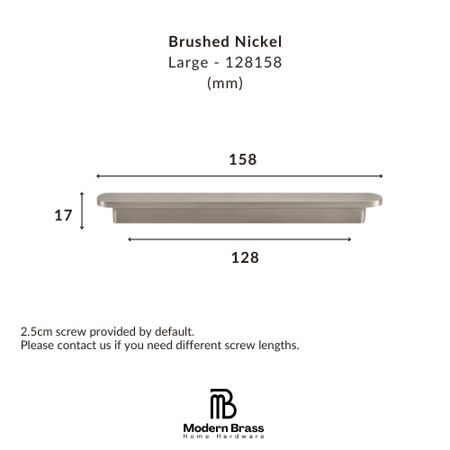 Measurement chart for a large brushed nickel product with dimensions and Modern Brass logo.