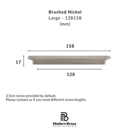 Measurement chart for a large brushed nickel product with dimensions and Modern Brass logo.