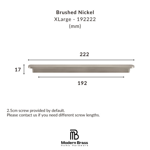 Measurement chart for a large brushed nickel product with dimensions and Modern Brass logo.
