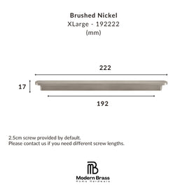 Measurement chart for a large brushed nickel product with dimensions and Modern Brass logo.