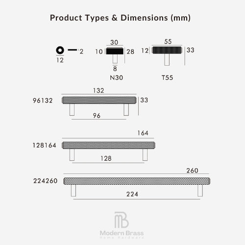 Product types and dimensions diagram for brass furniture hardware, showing measurements in millimeters for different table and stool profiles on a light gray background, with the Modern Brass logo at the bottom.