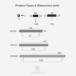 Product types and dimensions diagram for brass furniture hardware, showing measurements in millimeters for different table and stool profiles on a light gray background, with the Modern Brass logo at the bottom.