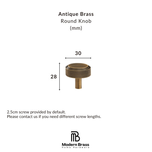 A product information graphic for an Antique Brass Round Knob from Modern Brass Home Hardware. The image shows a brass cylindrical knob with dimension markings indicating a height of 31mm and a diameter of 22mm.
