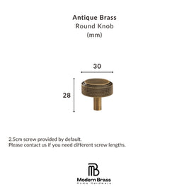 A product information graphic for an Antique Brass Round Knob from Modern Brass Home Hardware. The image shows a brass cylindrical knob with dimension markings indicating a height of 31mm and a diameter of 22mm.