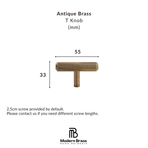 A product information graphic for an Antique Brass T Knob from Modern Brass Home Hardware, showing a brass knob with dimension labels of 80mm width and 33mm height, plus text noting a 2.5cm screw is included by default.