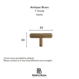 A product information graphic for an Antique Brass T Knob from Modern Brass Home Hardware, showing a brass knob with dimension labels of 80mm width and 33mm height, plus text noting a 2.5cm screw is included by default.