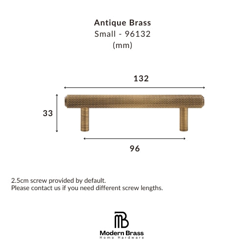 A dimension diagram of a small antique brass cabinet pull handle, showing measurements of 132 mm width, 33 mm height, and 96 mm span, with text reading 'Antique Brass Small - 96132 (mm)' and the Modern Brass Home Hardware logo at the bottom.