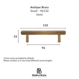 A dimension diagram of a small antique brass cabinet pull handle, showing measurements of 132 mm width, 33 mm height, and 96 mm span, with text reading 'Antique Brass Small - 96132 (mm)' and the Modern Brass Home Hardware logo at the bottom.