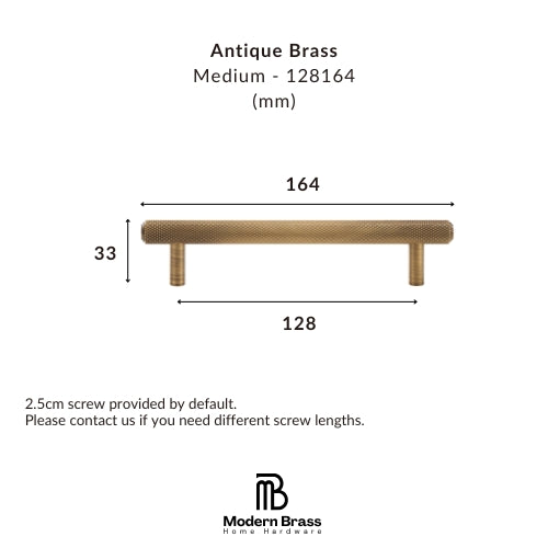 A dimension diagram of an antique brass drawer pull handle, showing measurements of 164 mm length, 128 mm width, and 33 mm height, with text specifying medium size and screw length information. The Modern Brass Home Hardware logo is visible at the bottom.