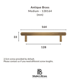 A dimension diagram of an antique brass drawer pull handle, showing measurements of 164 mm length, 128 mm width, and 33 mm height, with text specifying medium size and screw length information. The Modern Brass Home Hardware logo is visible at the bottom.