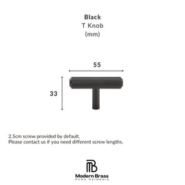 Black T-shaped wall knob dimension diagram showing a 70mm width and 35mm height, with text noting a 2.5cm screw is included by default and the Modern Brass Home Hardware logo at the bottom.