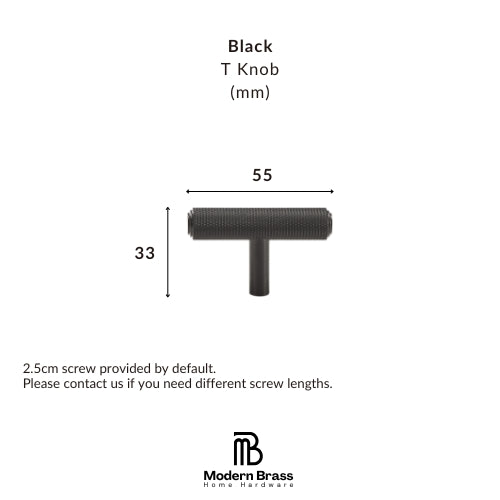 Black T-shaped wall knob dimension diagram showing a 70mm width and 35mm height, with text noting a 2.5cm screw is included by default and the Modern Brass Home Hardware logo at the bottom.