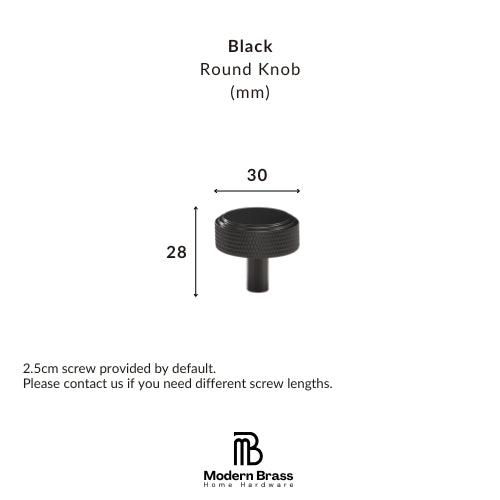 A black round knob shown on a white background with dimension labels indicating 22 mm width and 31 mm height, plus text stating 2.5cm screw provided by default and the Modern Brass Home Hardware logo.