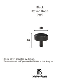 A black round knob shown on a white background with dimension labels indicating 22 mm width and 31 mm height, plus text stating 2.5cm screw provided by default and the Modern Brass Home Hardware logo.