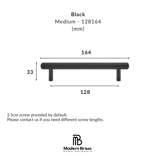 Technical dimension diagram of a black metal bar pull handle, showing measurements of 164 mm width, 128 mm span, and 33 mm height, with text indicating it is medium size in black and includes the Modern Brass Home Hardware logo.