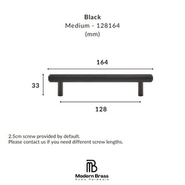 Technical dimension diagram of a black metal bar pull handle, showing measurements of 164 mm width, 128 mm span, and 33 mm height, with text indicating it is medium size in black and includes the Modern Brass Home Hardware logo.
