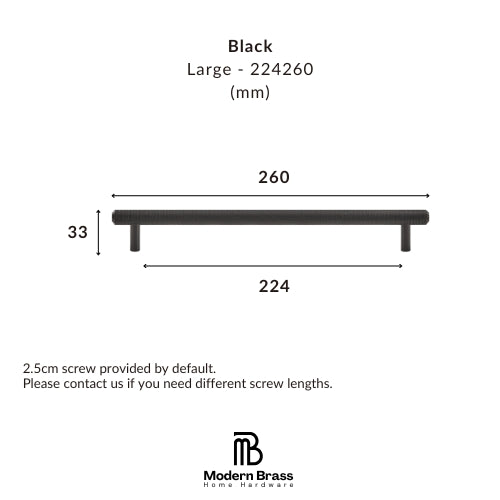 Technical dimension diagram of a black metal shelf rail, labeled as Large - 224260, showing measurements of 260 mm length, 224 mm base span, and 33 mm height, with the Modern Brass Home Hardware logo at the bottom.