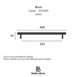 Technical dimension diagram of a black metal shelf rail, labeled as Large - 224260, showing measurements of 260 mm length, 224 mm base span, and 33 mm height, with the Modern Brass Home Hardware logo at the bottom.