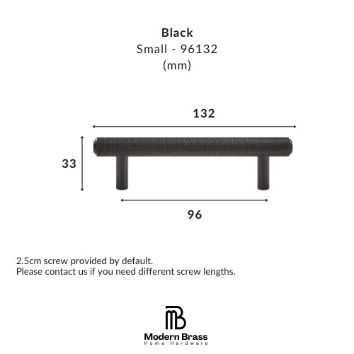 Technical dimension diagram of a small black metal pull handle, labeled with measurements 132, 33, and 96, with text reading 'Black Small - 96132 (mm)' and the Modern Brass Home Hardware logo at the bottom.