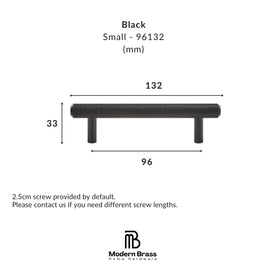Technical dimension diagram of a small black metal pull handle, labeled with measurements 132, 33, and 96, with text reading 'Black Small - 96132 (mm)' and the Modern Brass Home Hardware logo at the bottom.