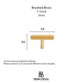 A product information graphic for a brushed brass T knob. The image shows a small rendered view of the brass knob centered on a white background, with dimension labels indicating 55 mm width and 33 mm height.