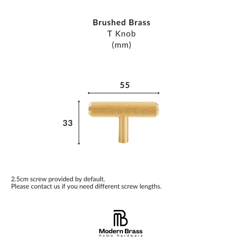 A product information graphic for a brushed brass T knob. The image shows a small rendered view of the brass knob centered on a white background, with dimension labels indicating 55 mm width and 33 mm height.