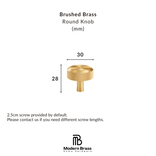 A brushed brass round knob shown on a white background with dimension labels indicating 22 mm in diameter and 31 mm in height, plus text noting a 2.5 cm screw is included by default and the Modern Brass Home Hardware brand logo at the bottom.