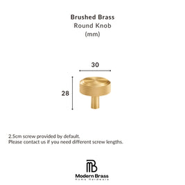 A brushed brass round knob shown on a white background with dimension labels indicating 22 mm in diameter and 31 mm in height, plus text noting a 2.5 cm screw is included by default and the Modern Brass Home Hardware brand logo at the bottom.
