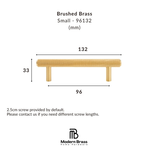 A dimension diagram of a small brushed brass drawer pull handle, showing measurements of 132 mm width, 33 mm height, and 96 mm depth, with the Modern Brass Home Hardware logo at the bottom.