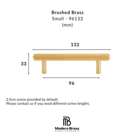 A dimension diagram of a small brushed brass drawer pull handle, showing measurements of 132 mm width, 33 mm height, and 96 mm depth, with the Modern Brass Home Hardware logo at the bottom.