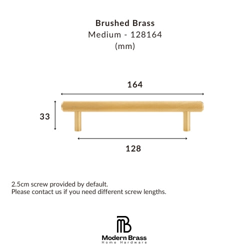 Technical dimension diagram of a brushed brass drawer pull handle, showing a medium-length brass bar with a width of 164mm, height of 33mm, and depth of 128mm, with text specifying 'Brushed Brass' and 'Medium - 128164 (mm)'.