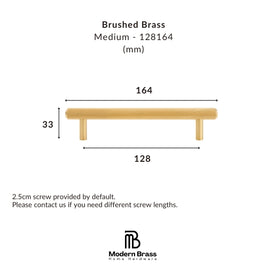 Technical dimension diagram of a brushed brass drawer pull handle, showing a medium-length brass bar with a width of 164mm, height of 33mm, and depth of 128mm, with text specifying 'Brushed Brass' and 'Medium - 128164 (mm)'.