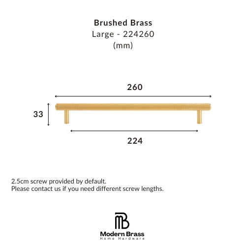 A dimension diagram of a large brushed brass wall shelf, showing measurements of 260 mm length, 224 mm depth, and 33 mm height, with the Modern Brass Home Hardware logo at the bottom.