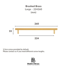 A dimension diagram of a large brushed brass wall shelf, showing measurements of 260 mm length, 224 mm depth, and 33 mm height, with the Modern Brass Home Hardware logo at the bottom.