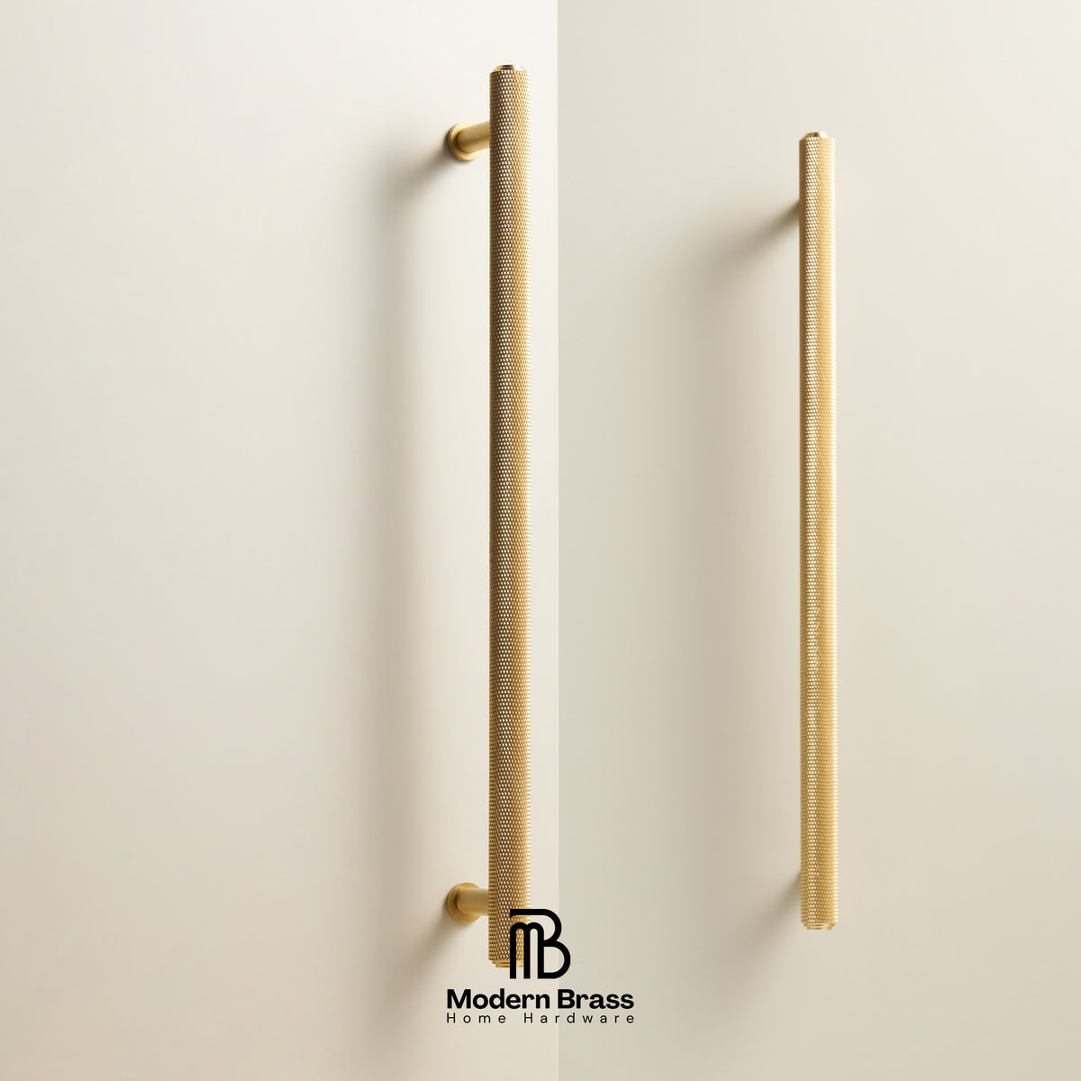 Four-piece brass cabinet hardware set including two long vertical bar handles, one short vertical bar handle, one horizontal pull handle, and three round cabinet knobs, displayed on a white surface against a beige background. The Modern Brass logo is visible at the bottom.