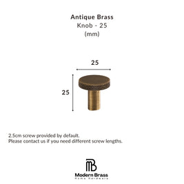 Product information graphic for an Antique Brass Knob with a 25mm diameter and 2.5cm screw length, showing a 3D rendering of the knob with dimension arrows and the Modern Brass Home Hardware logo.
