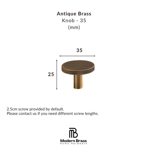 A product dimension graphic for an Antique Brass Knob, showing a round cabinet knob with a 35mm width and 25mm height. Text details specify 'Antique Brass Knob - 35 (mm)' and includes the 'Modern Brass Home Hardware' logo at the bottom.